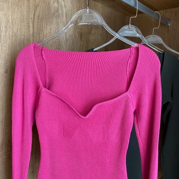 Naujas Megztas Megztinis Marškinėliai Moterų V-kaklo, ilgomis Rankovėmis Visas rungtynes, Bottomming Mezgimo Bodysuits Džemperiai ir Puloveriai Viršūnes Moterų