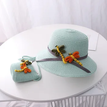 Vasarą vaikai mergina atsitiktinis šiaudų skrybėlę naujagimį, vaikai, vaikas, mergaitė animaciją dragonfly gėlių Saulės, skrybėlę ir maišeliai, juostelės panama gorros