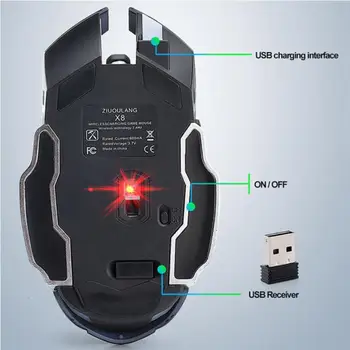 X8 Įkraunamas Belaidis Silent LED Apšvietimu USB Optinė Ergonomiška Žaidimų Pelės PC Kompiuteris, Nešiojamas kompiuteris, Kompiuterių Pelės